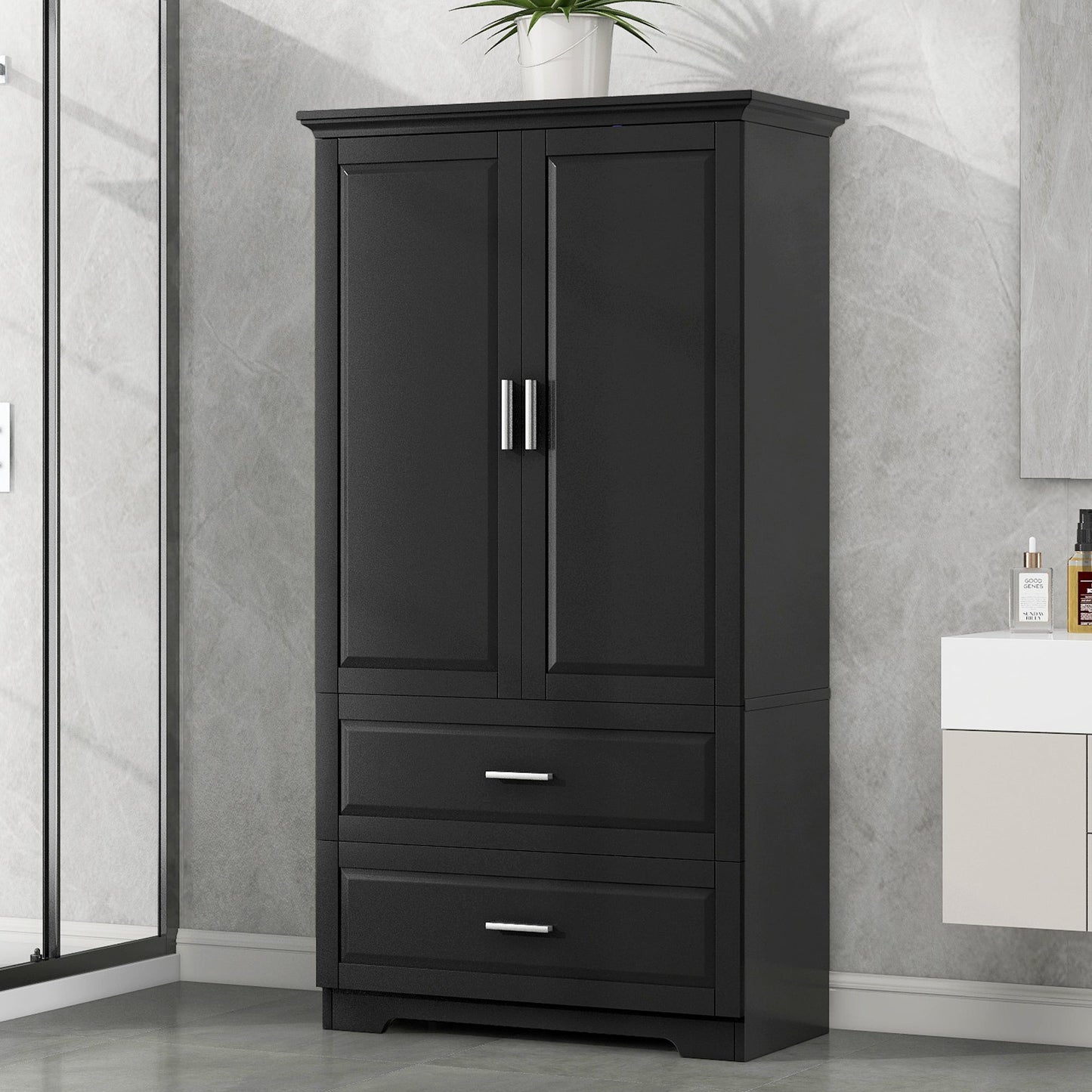 Tall Bathroom Storage Cabinet, Cabinet with Two Doors and Drawers, Adjustable Shelf, MDF Board, Black - Korvel