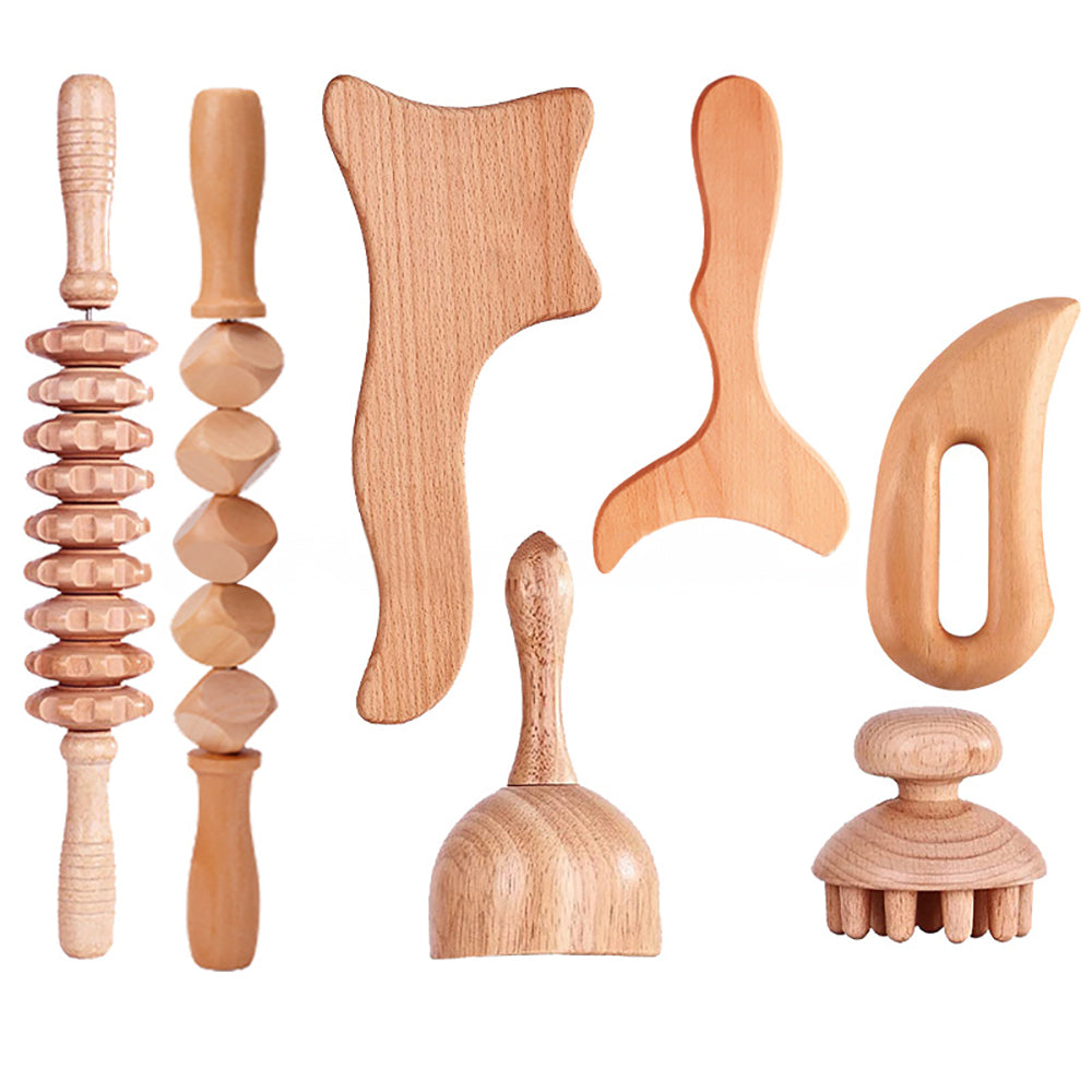 Beech wood therapy scraping cup, meridian dredging roller, tendon rolling stick, scraping board, head massager, massage set - Korvel