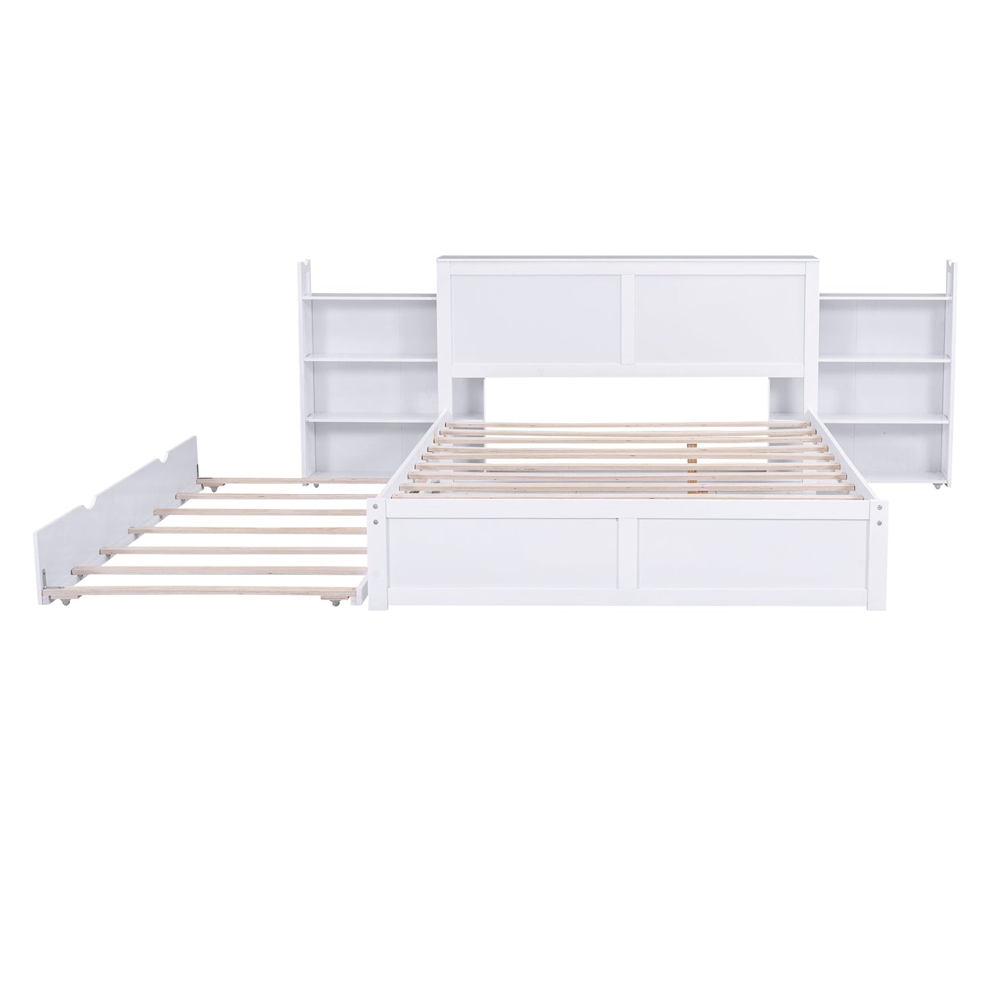 Queen Size Storage Platform Bed with Pull Out Shelves and Twin XL Size Trundle  White - Korvel