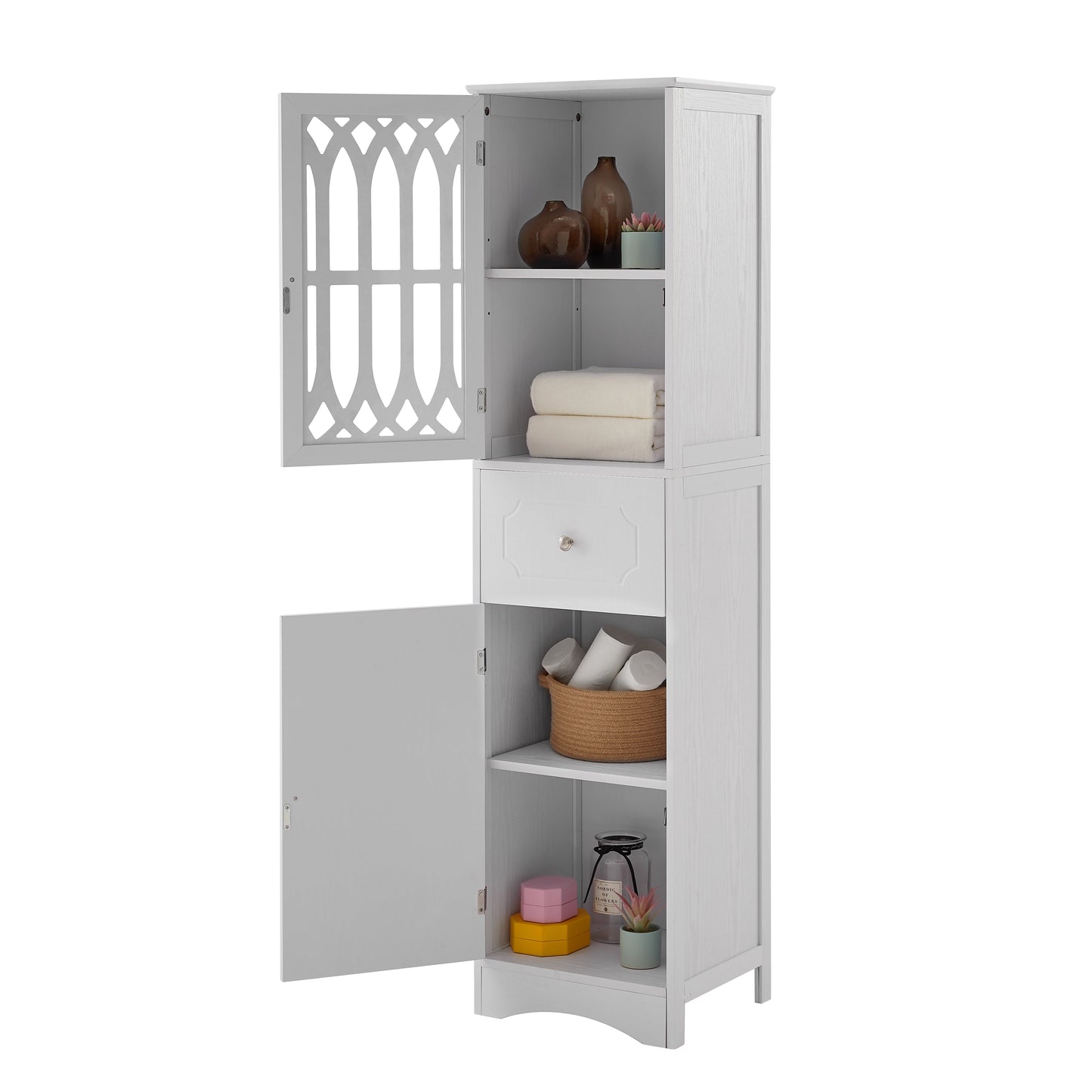 Elegant Tall Bathroom Cabinet with Adjustable Shelf - White
