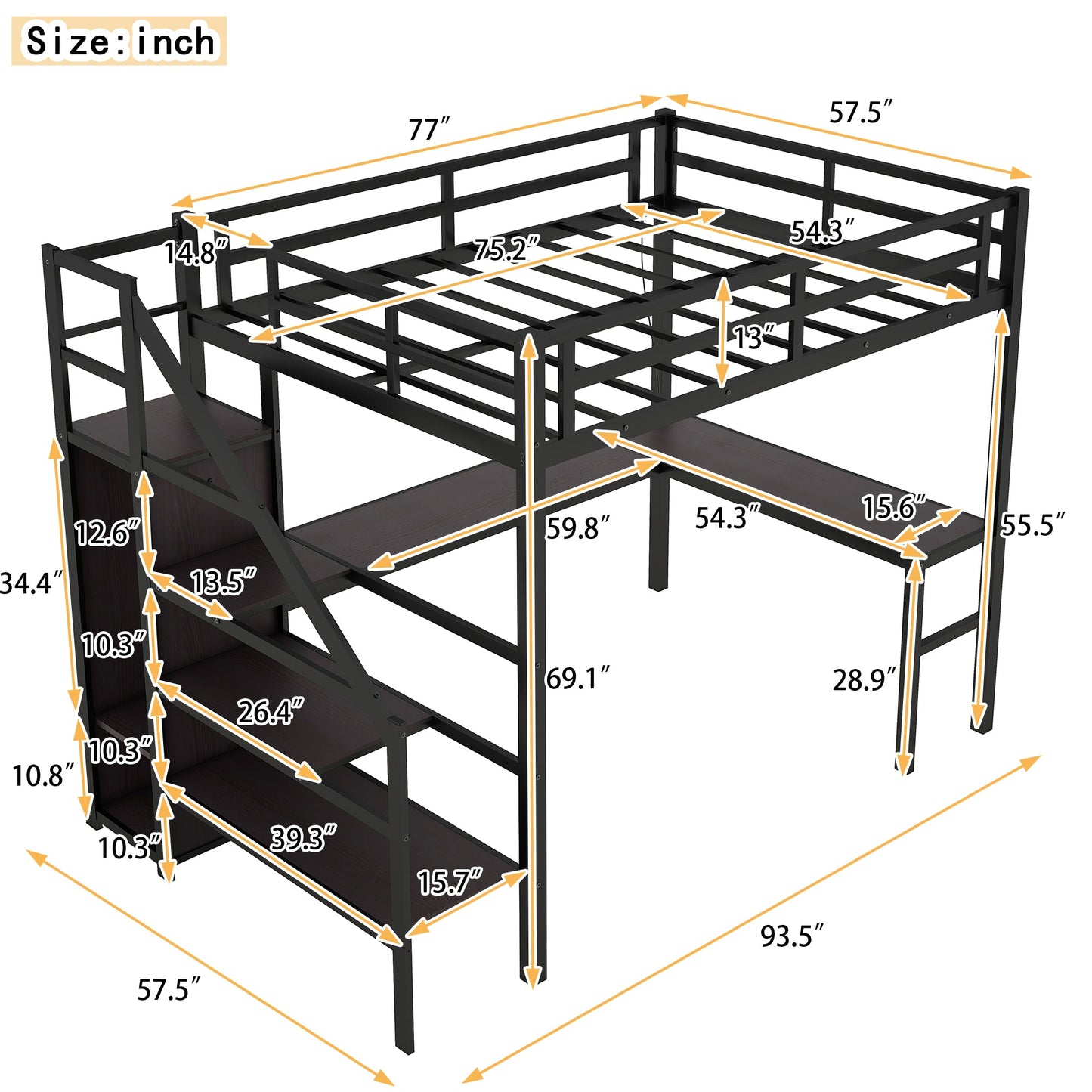 Cama Loft de Tamaño Completo con Escritorio en L y USB - Negro