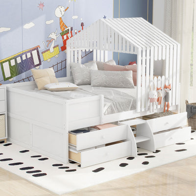 Full Size House Low Loft Bed with Four Drawers,White - Korvel