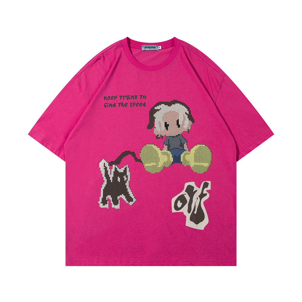 Fun Cartoon Anime Print Short Sleeve T-Shirt Men's High Street Trendy Half Sleeve Pure Cotton Round Neck Loose Tee - Korvel