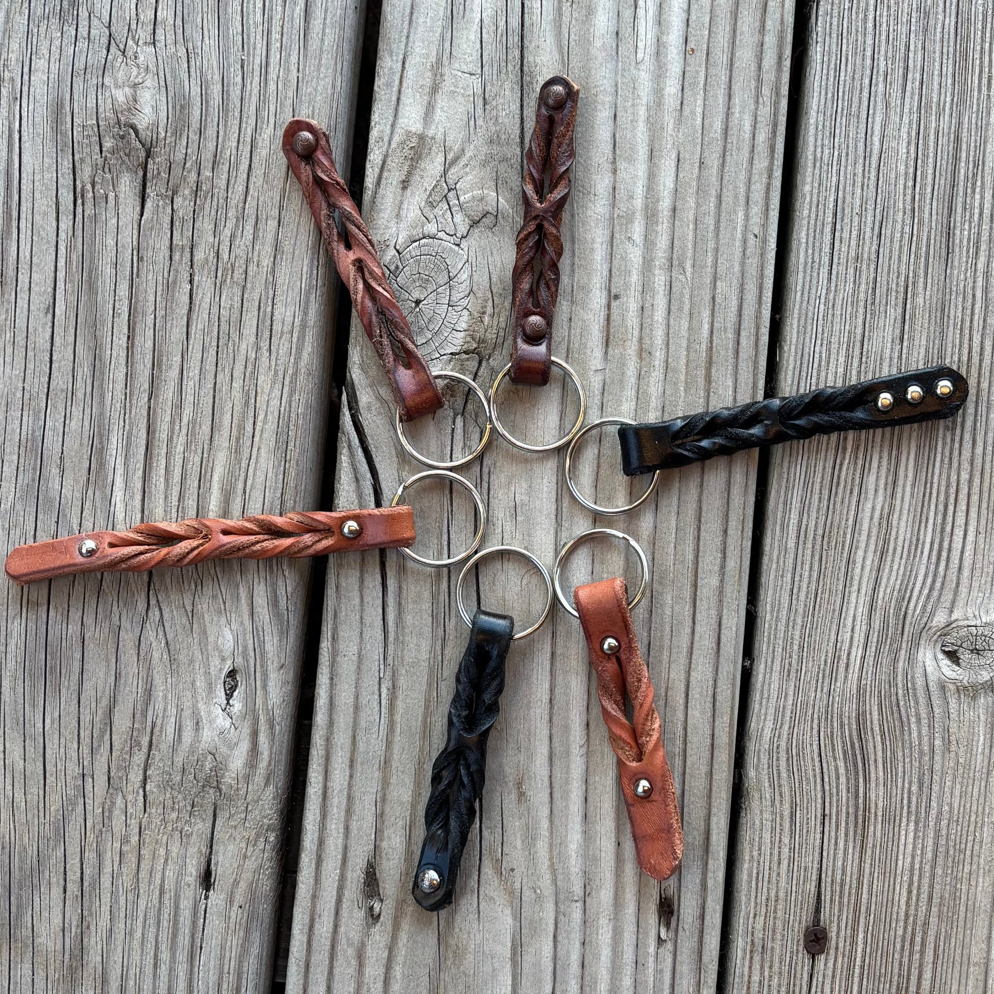 Stylish Twisted Leather Keychains with Stud Accents - Korvel
