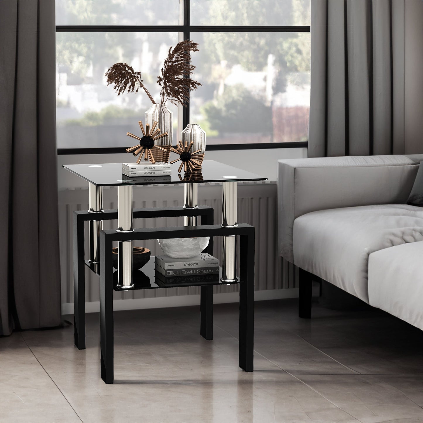 1-Piece Modern Tempered Glass Tea Table Coffee Table End Table, Square Table for Living Room, Black - Korvel