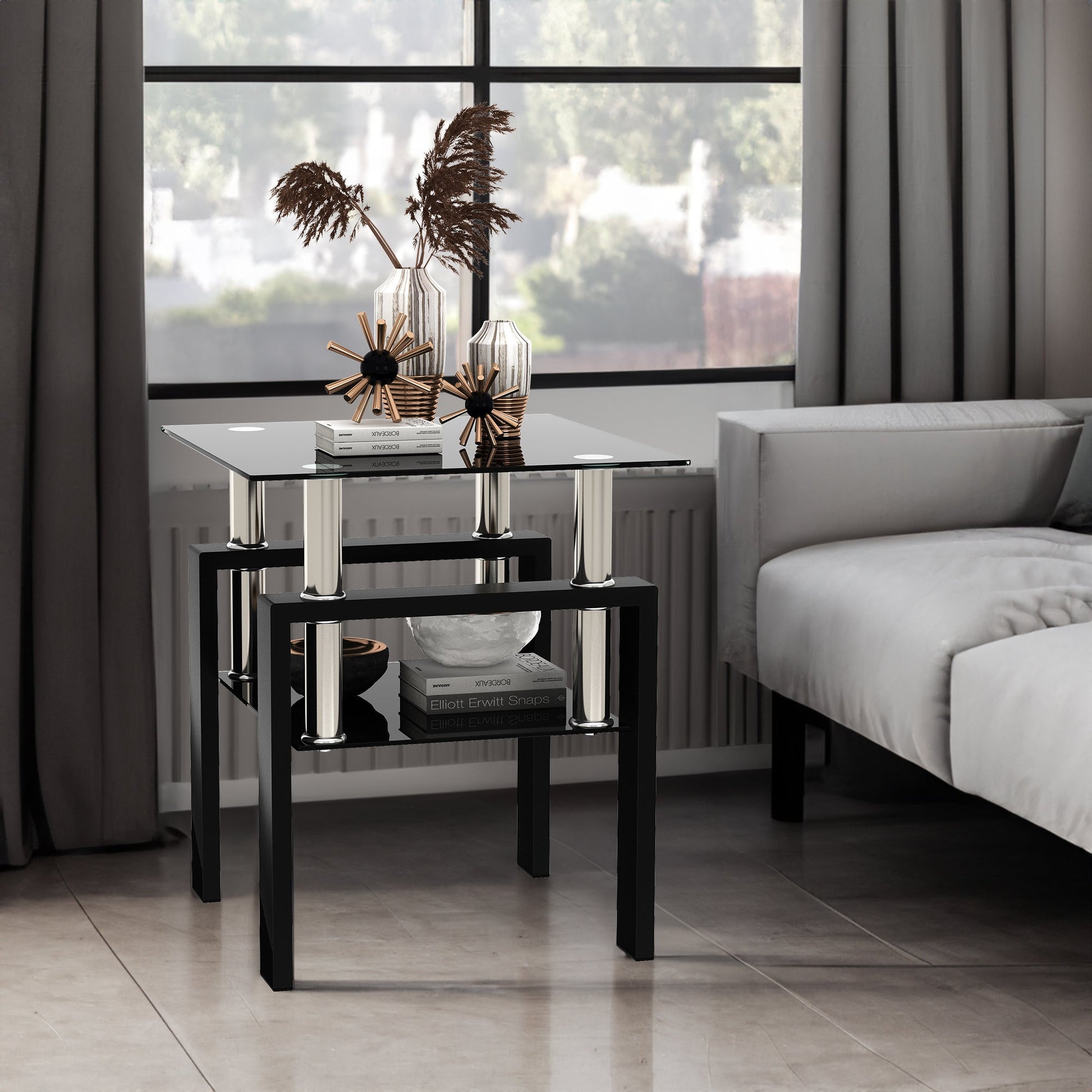1-Piece Modern Tempered Glass Tea Table Coffee Table End Table, Square Table for Living Room, Black - Korvel