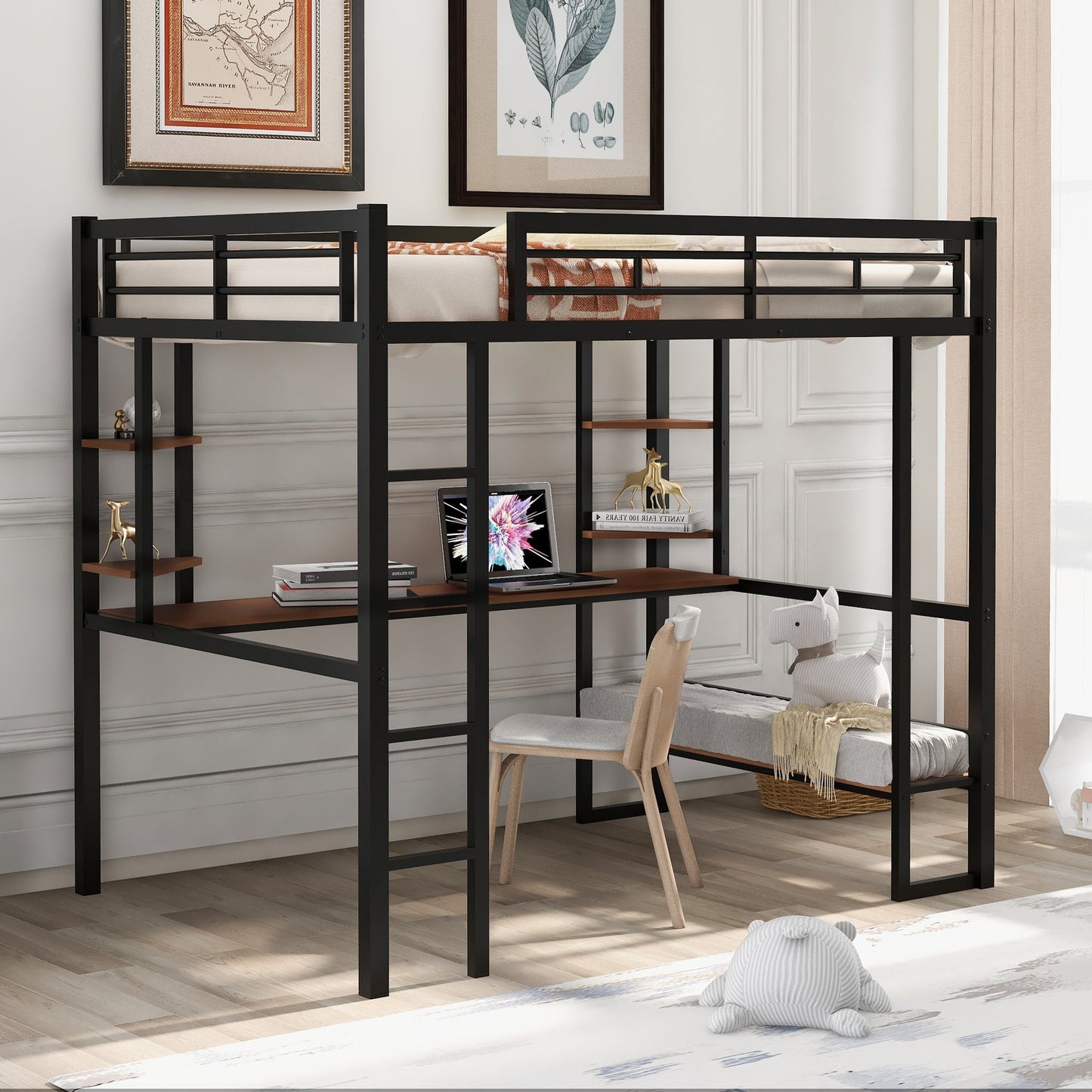 Full Size Loft Metal&MDF Bed with Long Desk and Shelves Black - Korvel