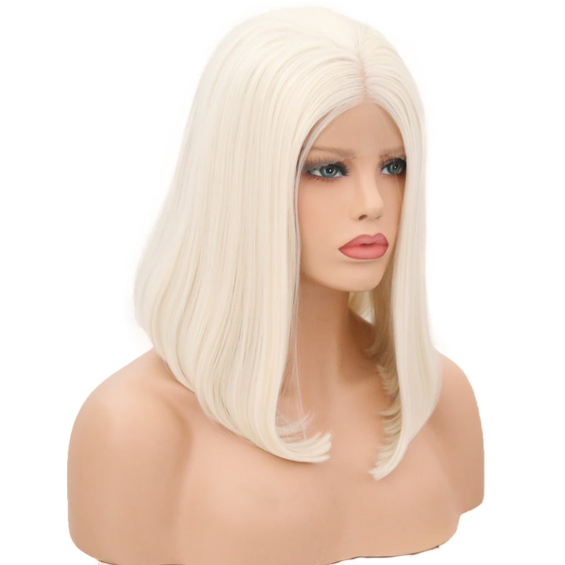 New Ladies 60# Front Lace Bobo Short Curly Lanting Pure White Hair Tail Slightly Curly Wig Headgear - Korvel