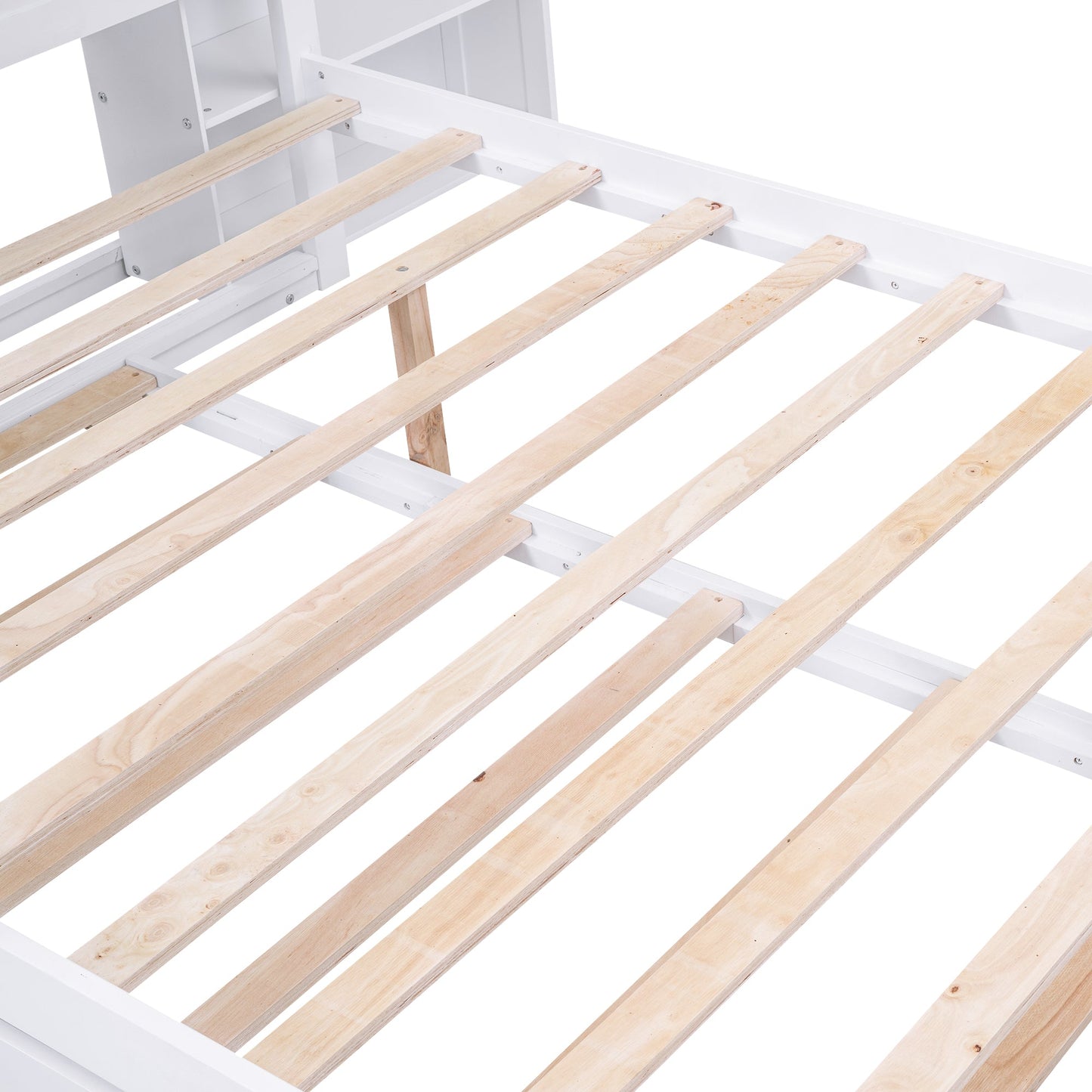 Full Size Storage Platform Bed with Pull Out Shelves and Twin Size Trundle, White - Korvel