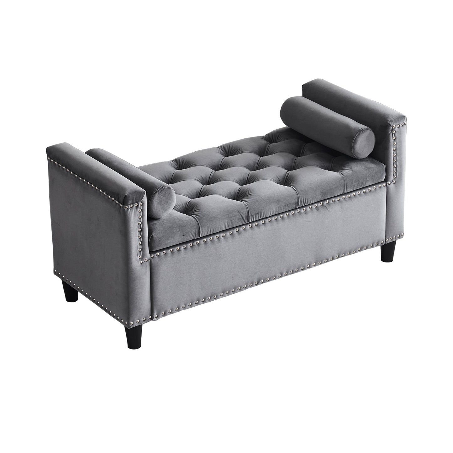 Storage Bench, 44.5-Inch Queen Velvet Button Bedside Bench, Entryway Living Room with Armrests, Nailhead Trim Gray - Korvel