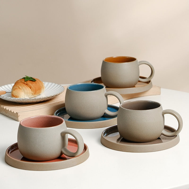 Coffee mug set ceramic retro stoneware Japanese mug and saucer combination - Korvel