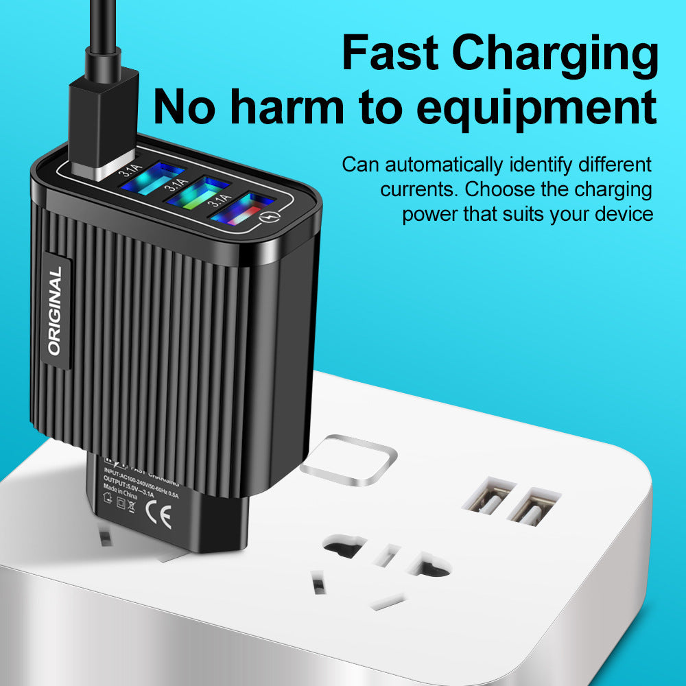 Luminous 4 USB mobile phone charging head, European and American standard travel charger, striped USB smart tablet charger - Korvel