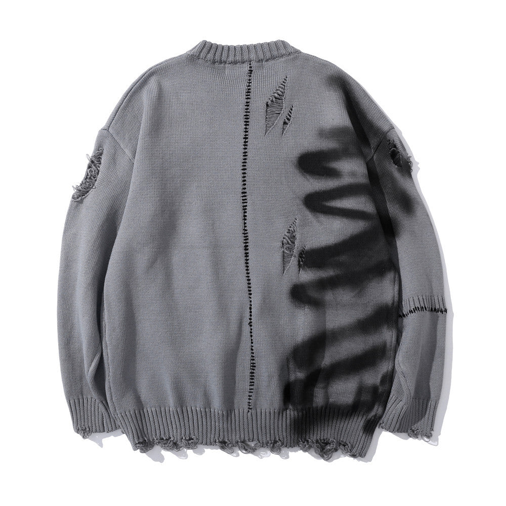 Graffiti Print Crew Neck Knit Sweater Men's Loose Fit Pullover with Hem Holes Street Style Trendy Design - Korvel