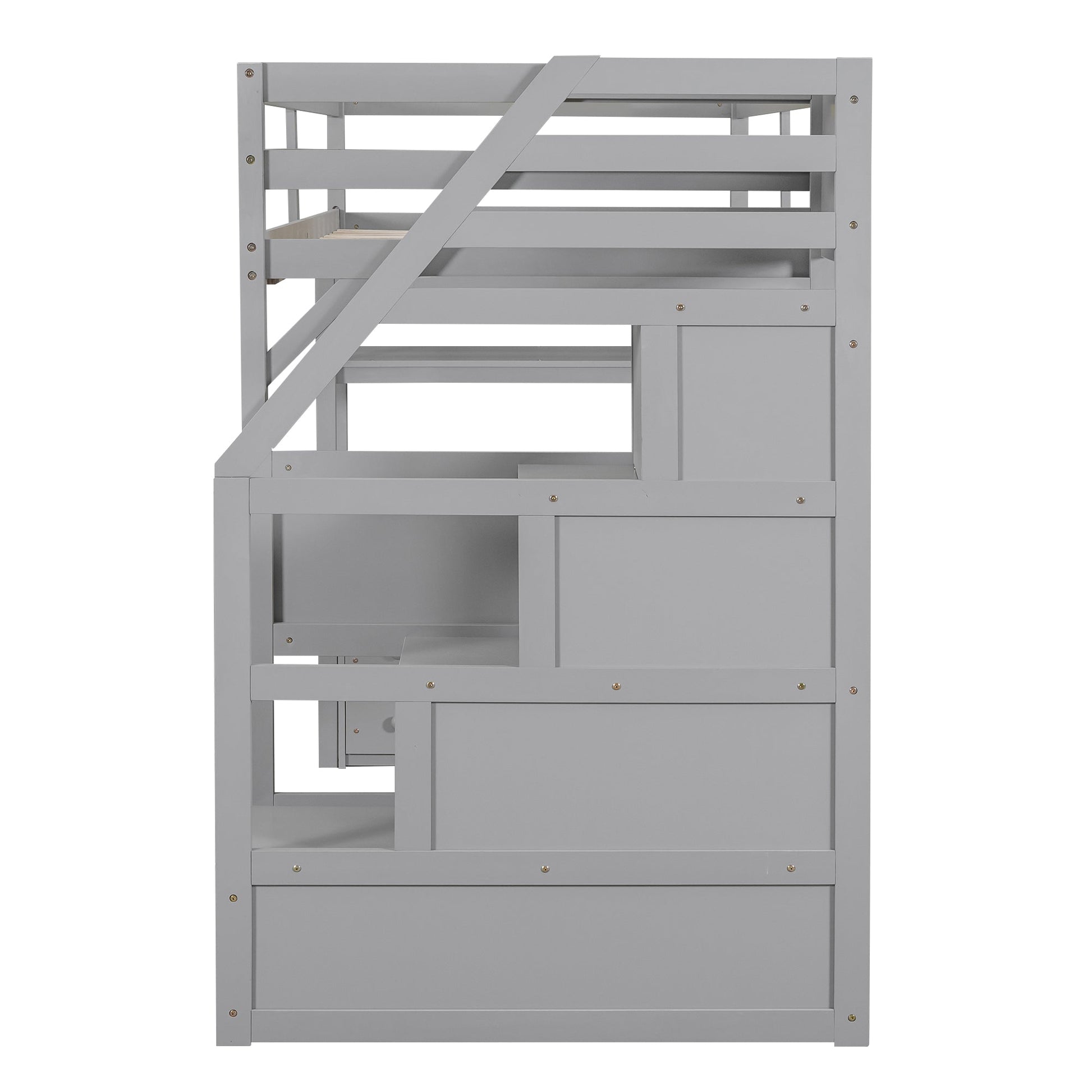 Twin Size Loft Bed with Desk and Shelves Two Built-in Drawers, Storage Staircase Gray - Korvel