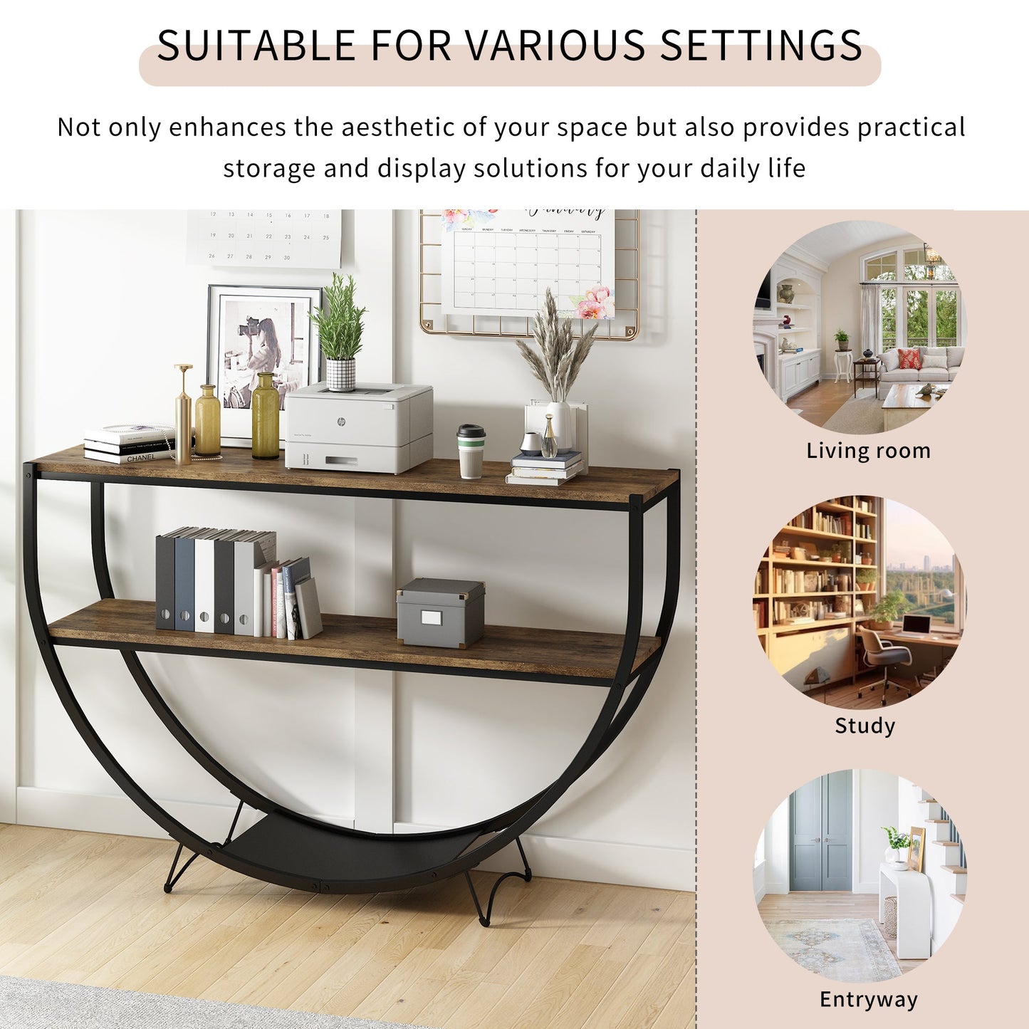 TREXM Rustic Industrial Design Demilune Shape Textured Metal Distressed Wood Console Table (Distressed Brown) - Korvel