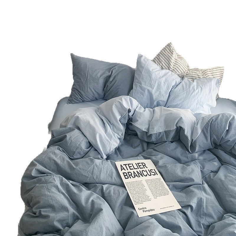 Solid Color Simple Four-Piece Set Flannel Quilt Cover INS Style Quilt Cover Dormitory Summer Washed Cotton Bedding Three-Piece Set - Korvel