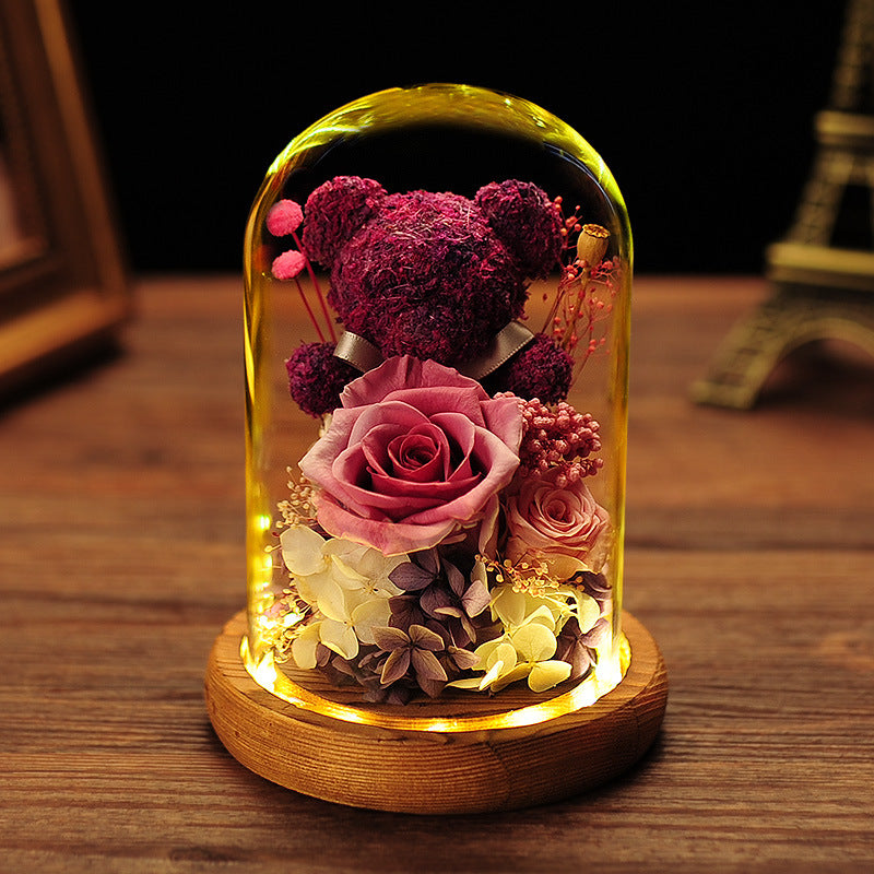 Valentine's Day Gift Everlasting Flower Bear Moss Glass Cover Finished Gift Box for Girlfriend Birthday Ornament Dried Flowers Roses - Korvel