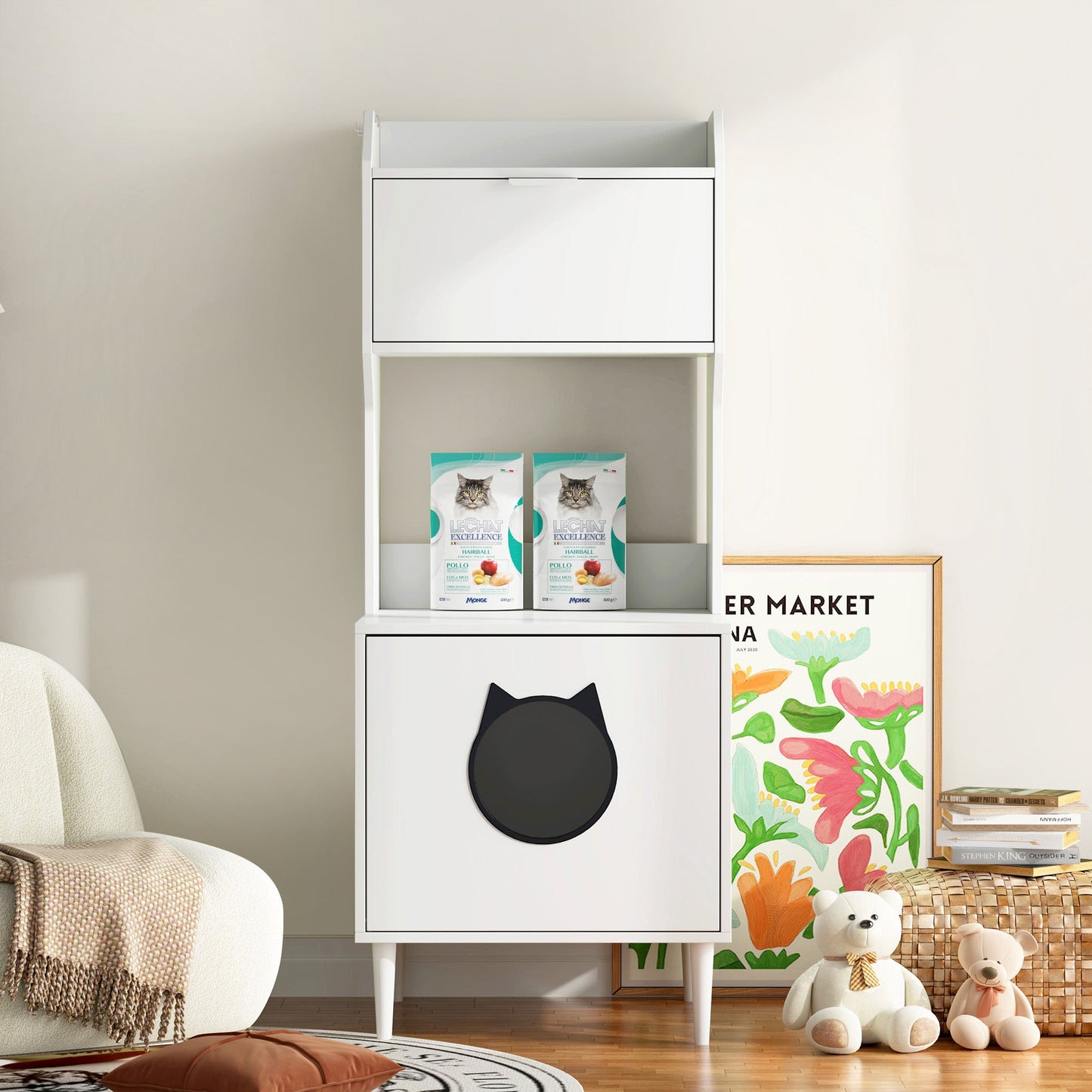 White wooden hidden cat trash can with rack and trash can shell, indoor cat house pet box, storage cabinet - Korvel