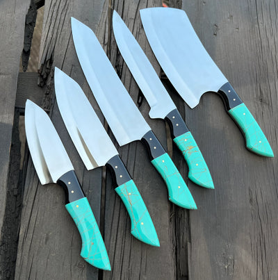 Premium 13-Inch Stainless Steel Knife Set with Epoxy Resin Handle & Leather Sheath - Korvel
