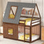 Wood Twin Size House Bunk Bed with Roof, Ladder and 2 Windows, Oak & Smoky Grey - Korvel