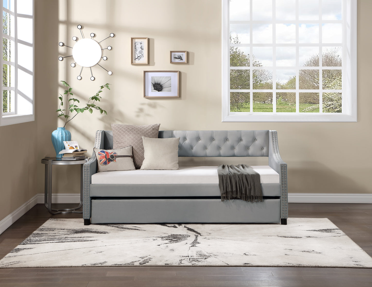 Twin Size Upholstered Daybed with Trundle Sturdy Wood Bedframe w/ Bedframe Tufted Button & Copper Nail on Arms Design - Korvel