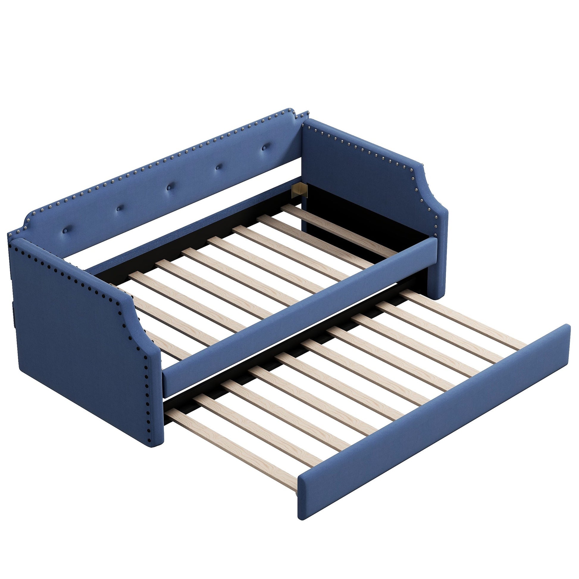 Upholstered Daybed with Trundle, Wood Slat Support,Upholstered Frame Sofa Bed Twin Blue - Korvel