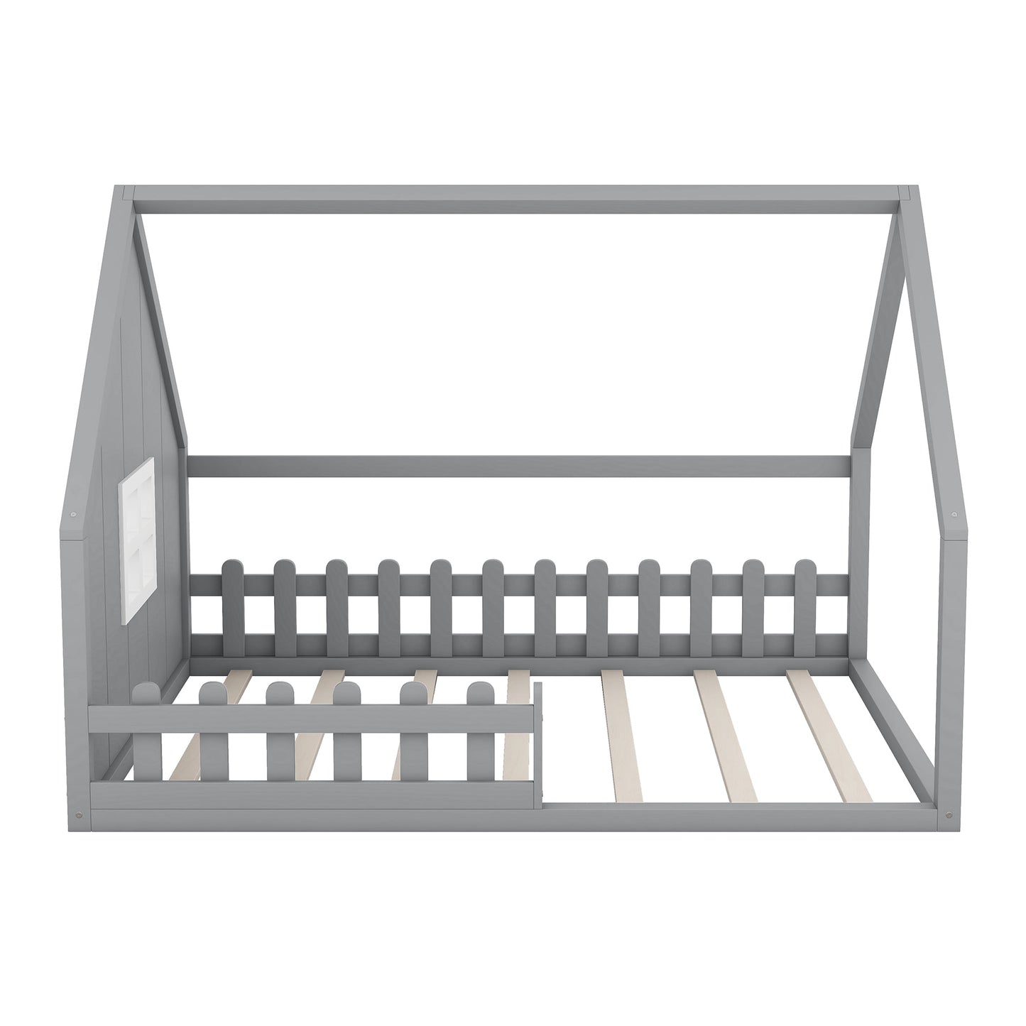 Full Size Wood House Bed with Window and Fence  Gray - Korvel
