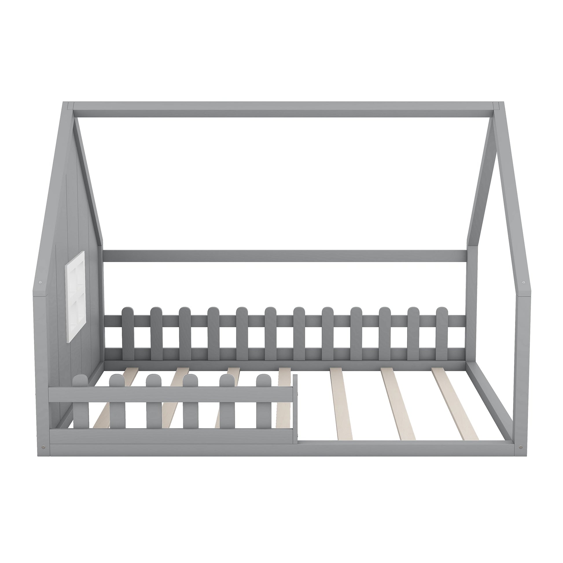Full Size Wood House Bed with Window and Fence  Gray - Korvel
