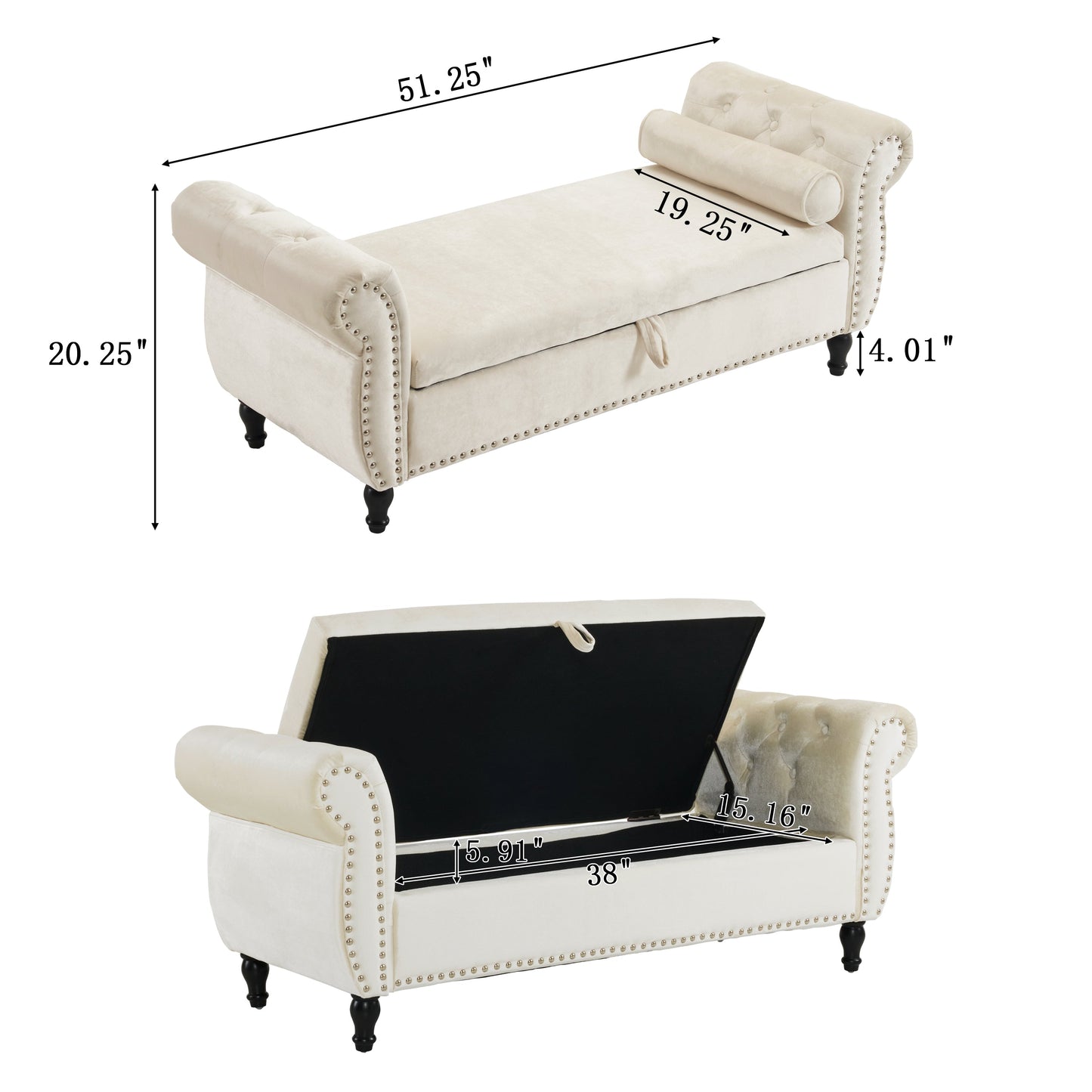 Banc de rangement multifonction en velours avec coussin - Beige