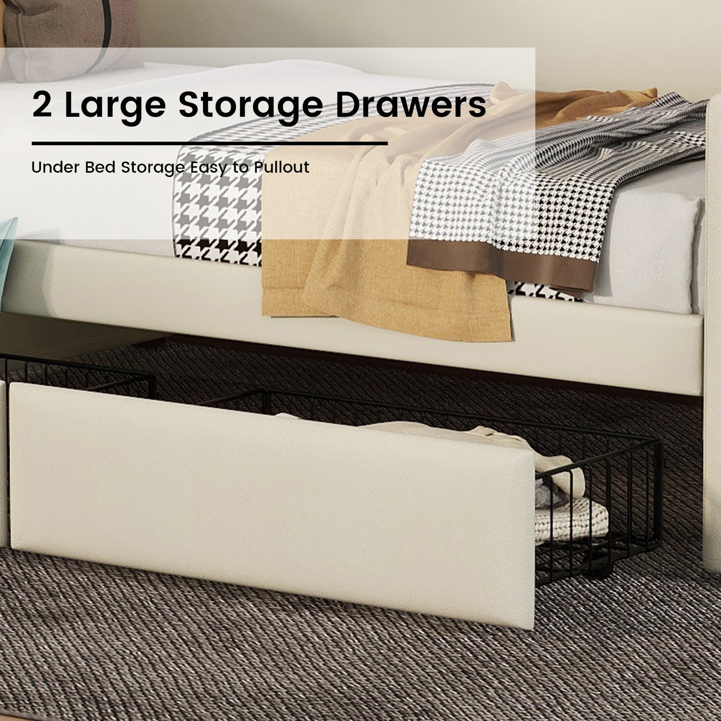 Twin Size Daybed with Storage Drawers, Upholstered Daybed with Charging Station and LED Lights, Beige - Korvel