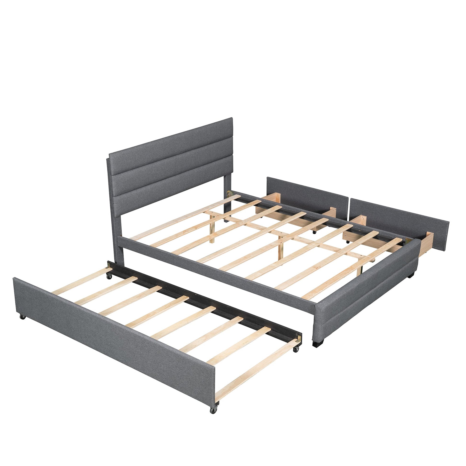 Queen Upholstered Platform Bed with Twin Size Trundle and Two Drawers Grey - Korvel