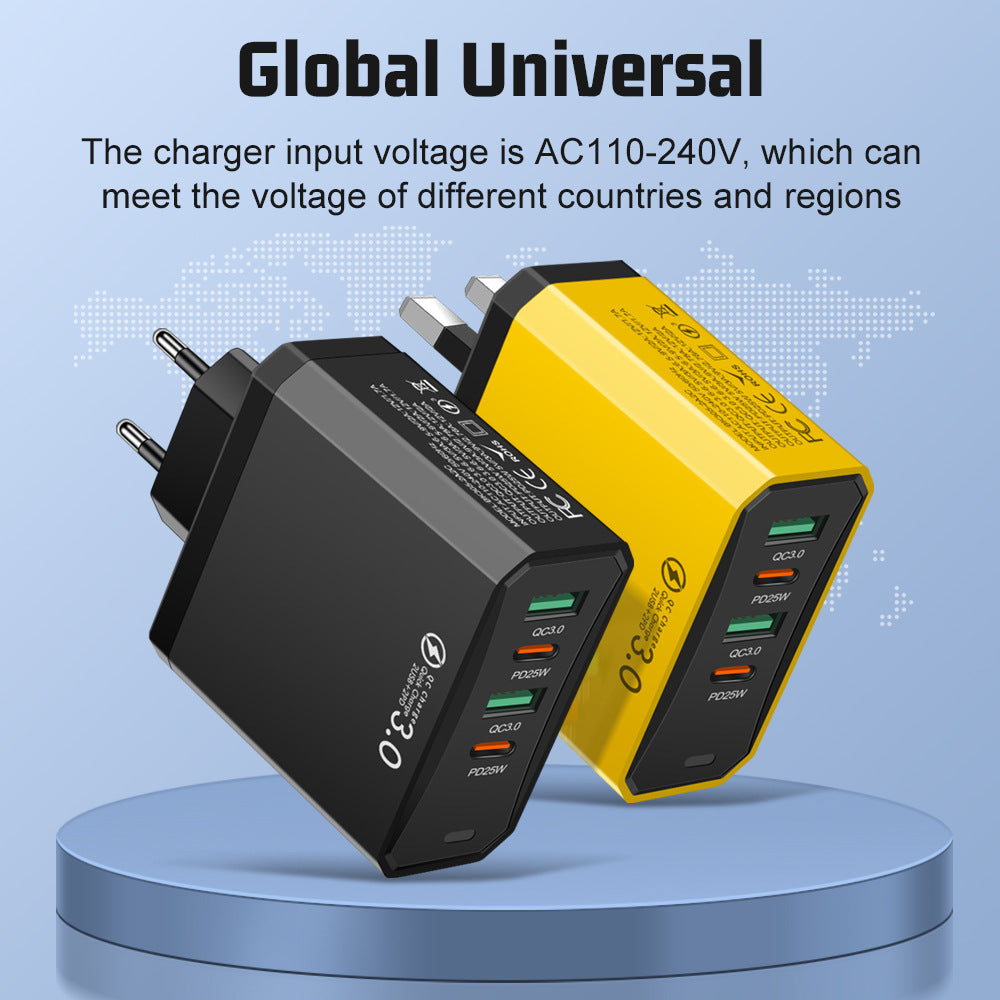 Four in one 2USB+2PD mobile phone charger, tablet plug, European, American and British standard super fast charging - Korvel