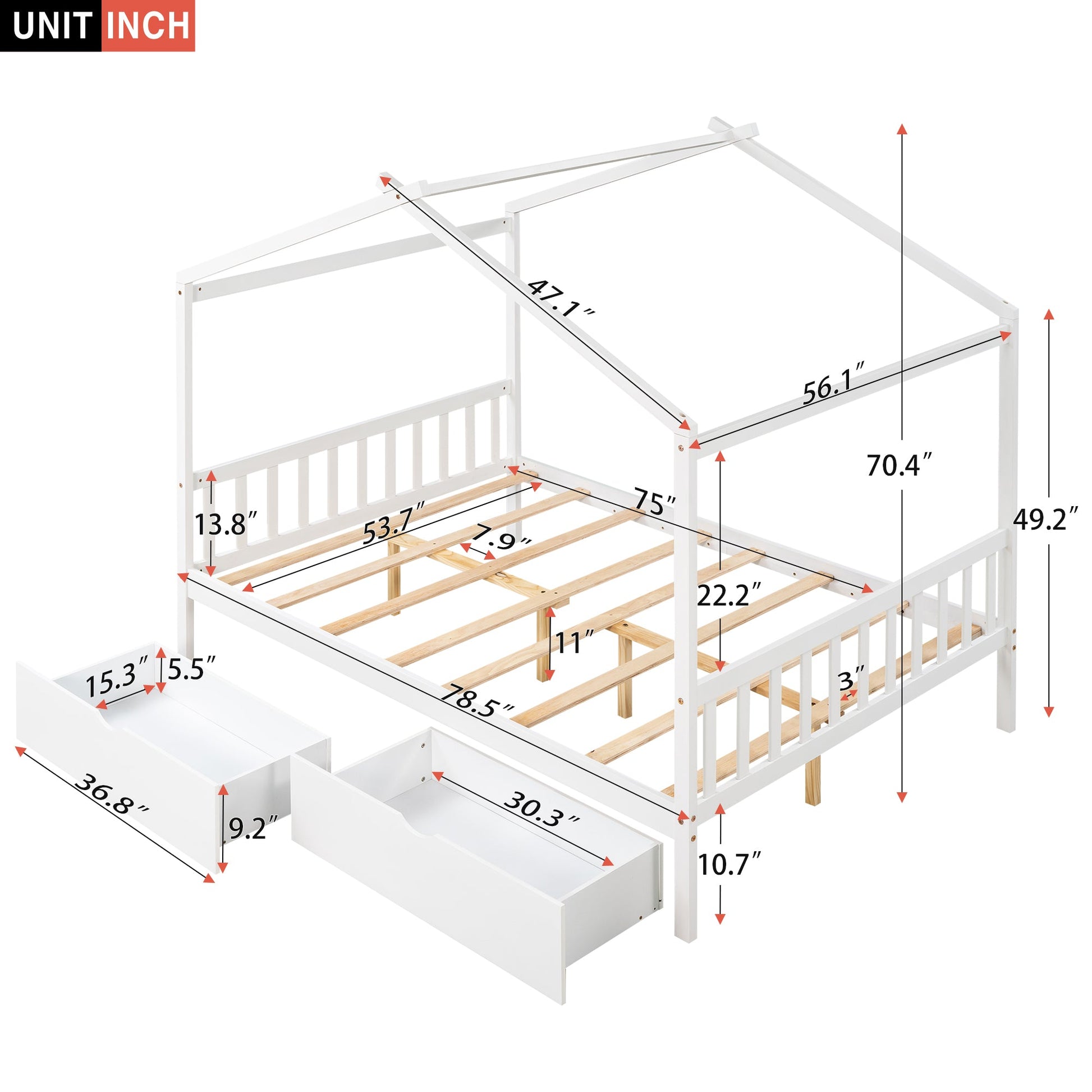 Full Size House Platform Bed with Two Drawers Headboard and Footboard,Roof Design White - Korvel