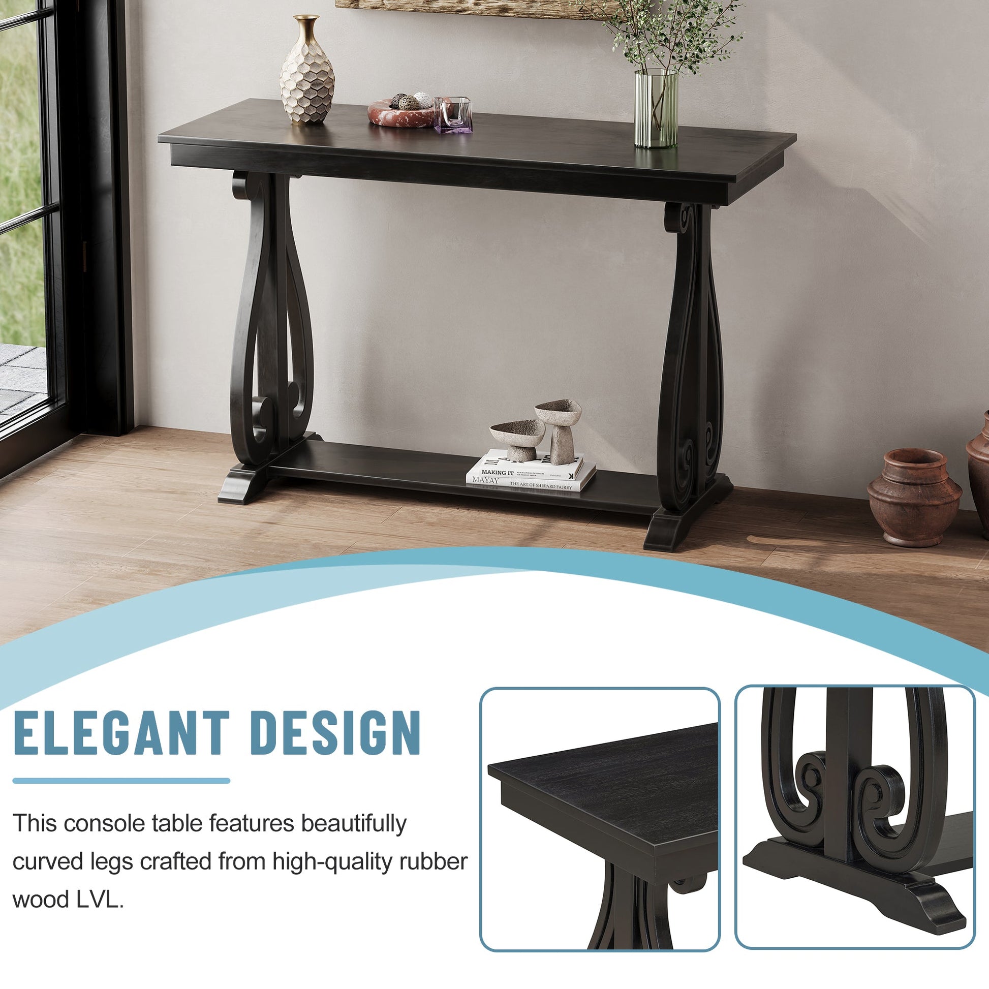 48-Inch Rustic Vintage Console Table --- Farmhouse Style Entryway Table with Open Shelf and Sturdy Construction (Black) - Korvel