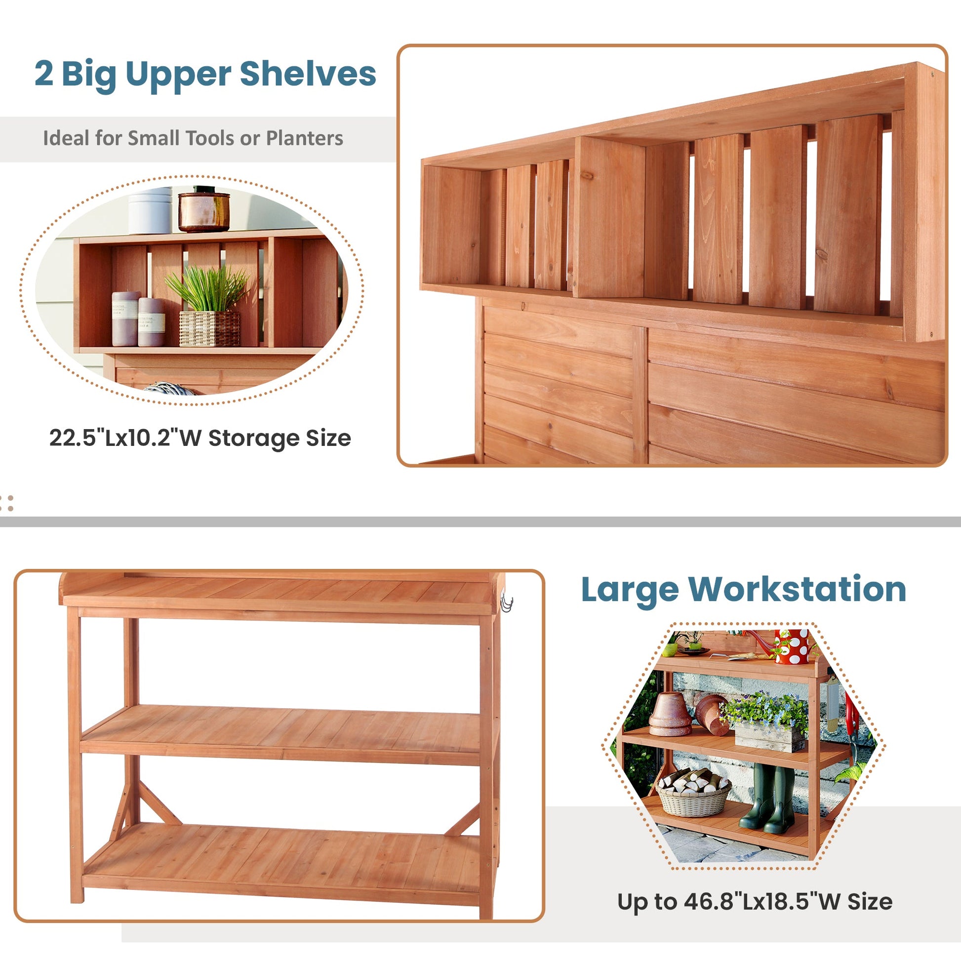 65" Large Wooden Farmhouse Rustic Outdoor Potting Bench Table Garden Potting Bench with 4 Storage Shelves and Side Hook,Natural - Korvel