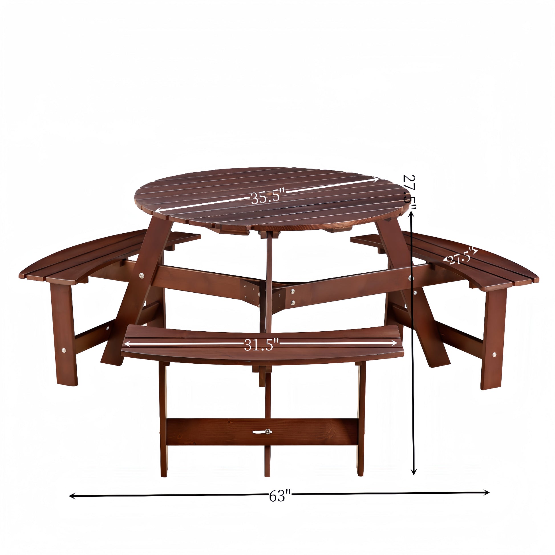 6-person circular picnic table with 3 built-in benches, umbrella holes, outdoor tables and chairs brown bench set - Korvel