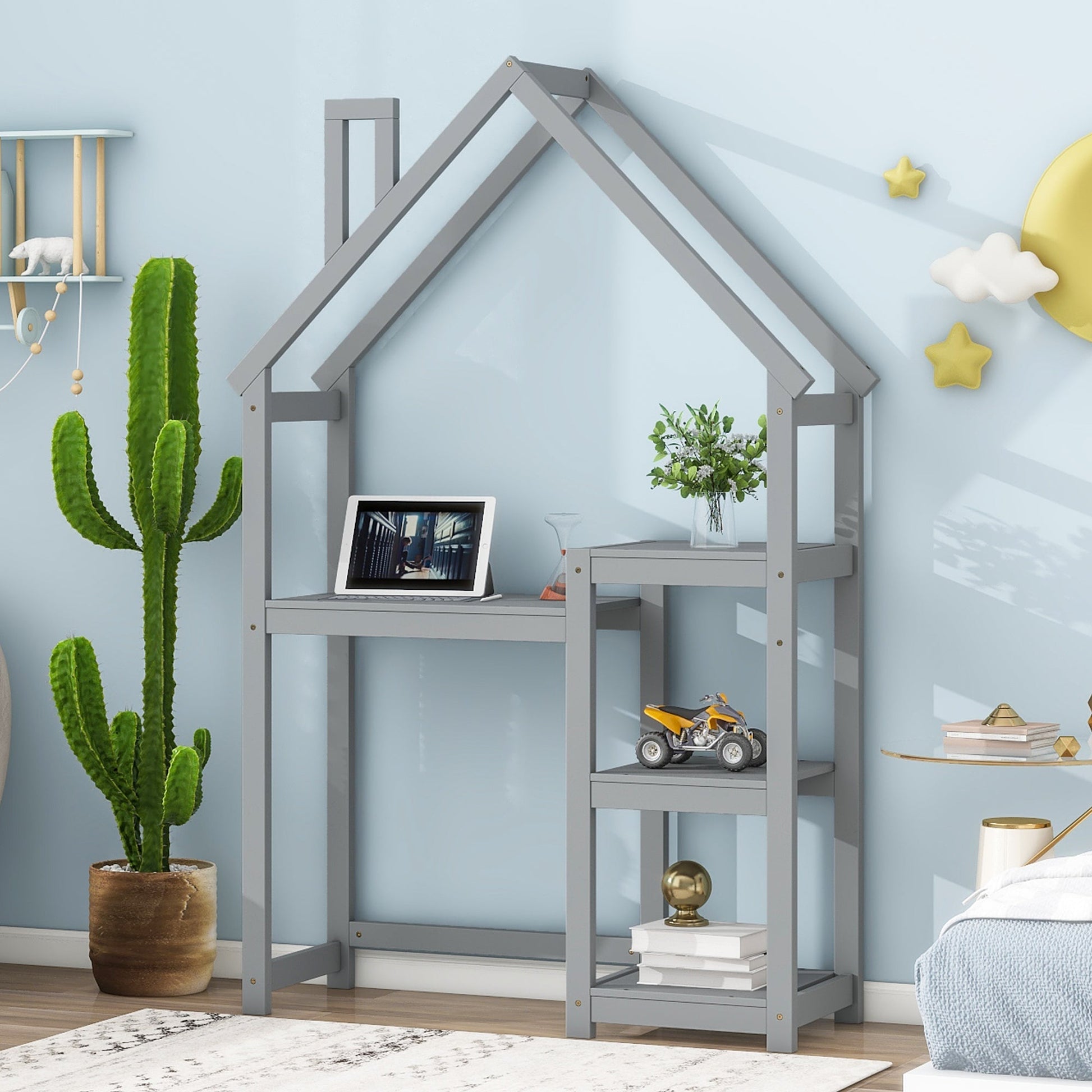 House-shaped Wooden writing Desk,Kids study Table,Bookshelf & Toy Storage,Grey - Korvel
