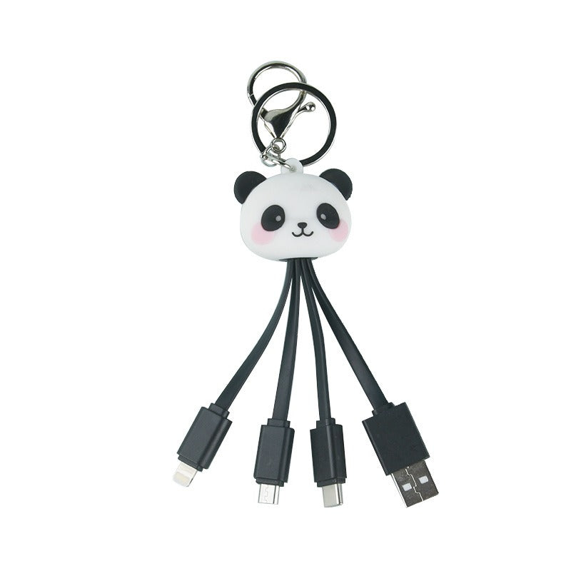 Cartoon Panda One Drag Three Data Wires Cute Keychain Panda Three in One Fast Charging Mobile Phone Charging Cable - Korvel