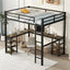 Full metal loft bed with desk and shelf, loft bed with ladder and guardrail, black with retro wood desk - Korvel