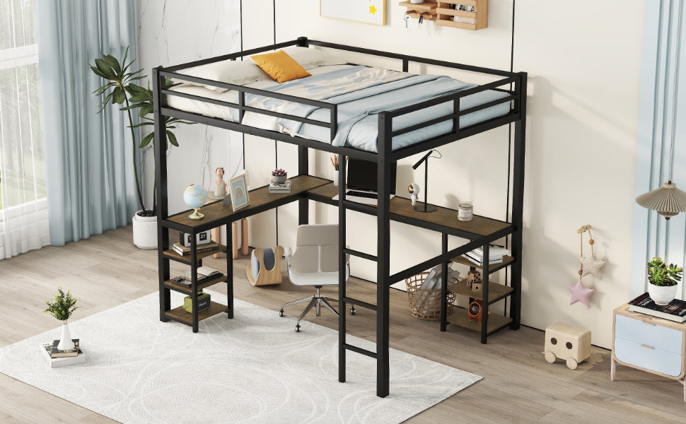 Full metal loft bed with desk and shelf, loft bed with ladder and guardrail, black with retro wood desk - Korvel