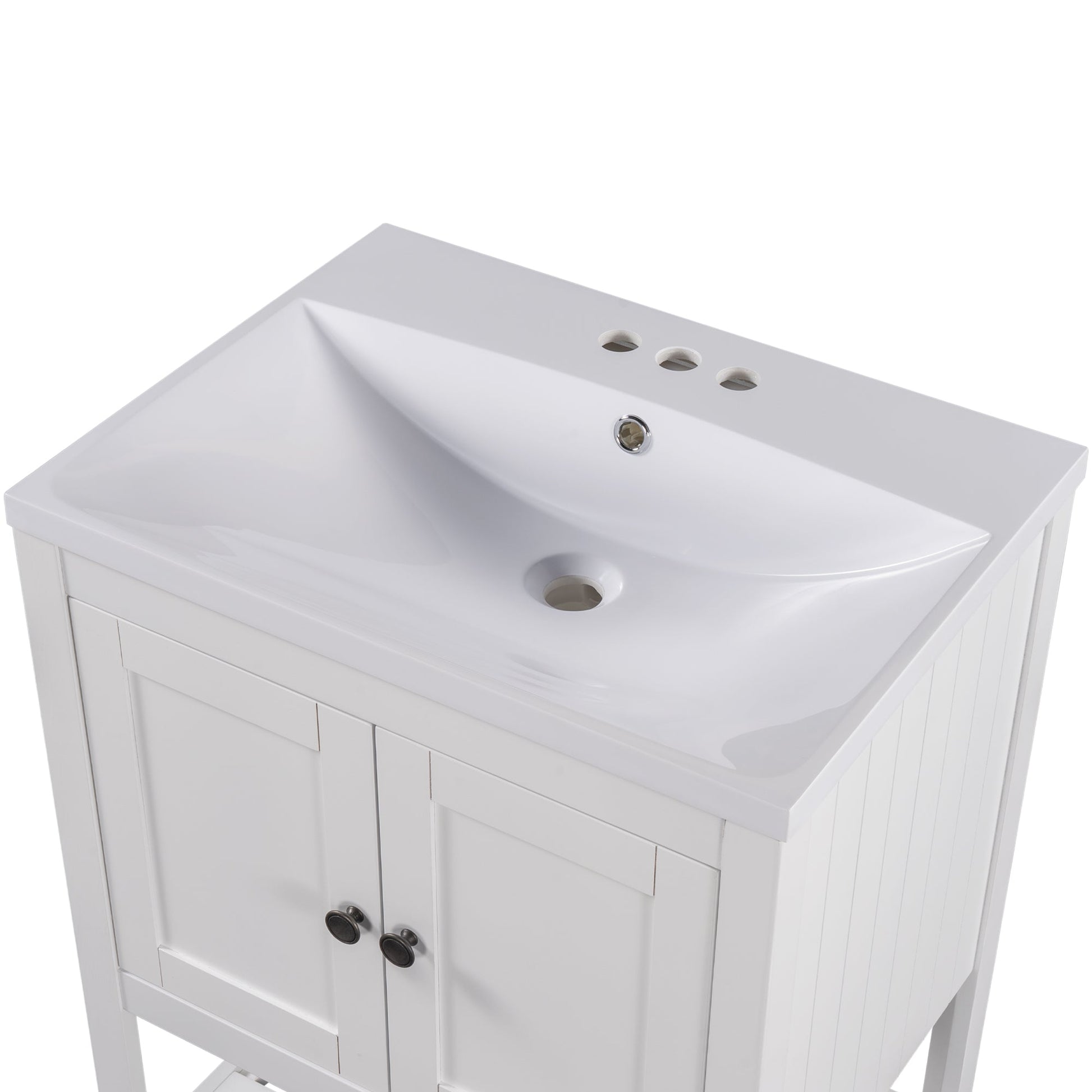 24" White Modern Sleek Bathroom Vanity Elegant Ceramic Sink with Solid Wood Frame Open Style Shelf - Korvel