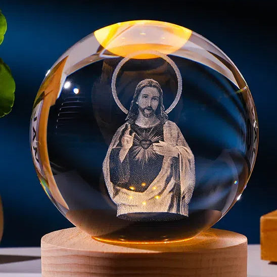 Luminous crystal ball with carved Jesus solid wood base for home decoration - Korvel
