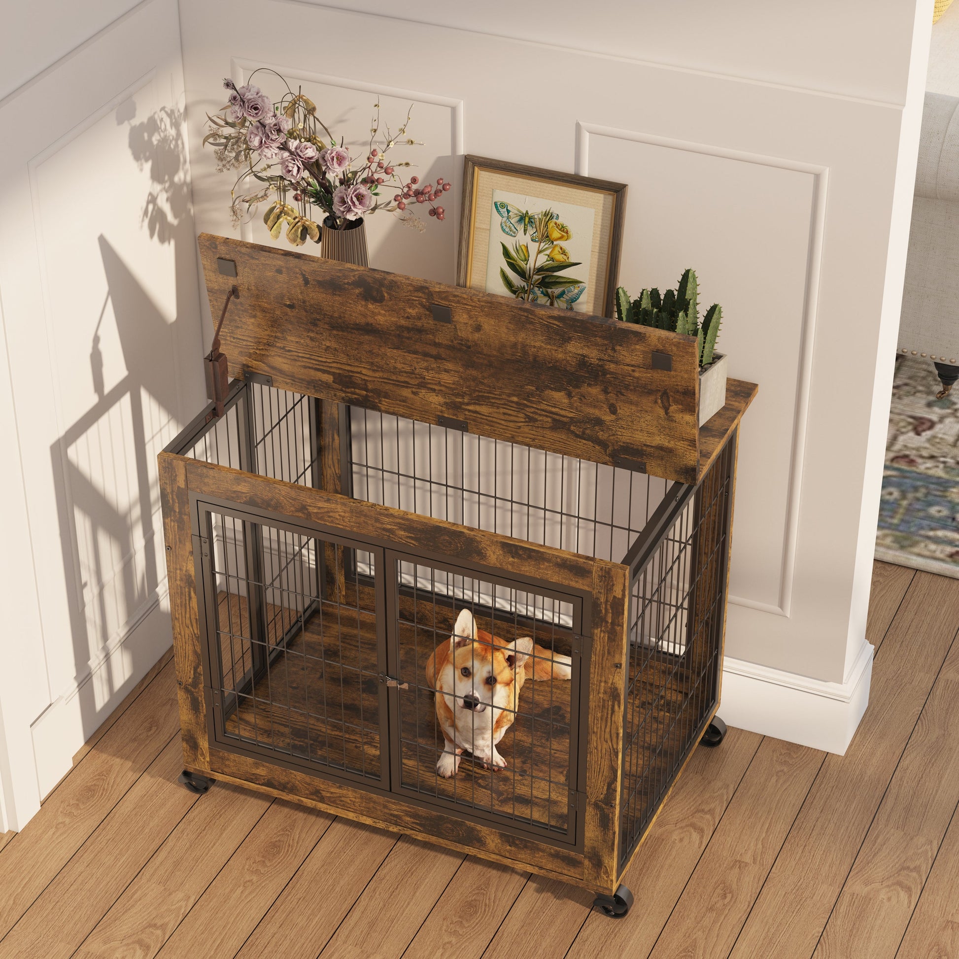 Furniture Style Dog Crate Side Table on Wheels with Double Doors and Lift Top. Rustic Brown, 31.50'' W x 22.05'' D x 25'' H. - Korvel