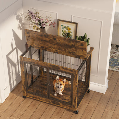 Furniture Style Dog Crate Side Table on Wheels with Double Doors and Lift Top. Rustic Brown, 31.50'' W x 22.05'' D x 25'' H. - Korvel