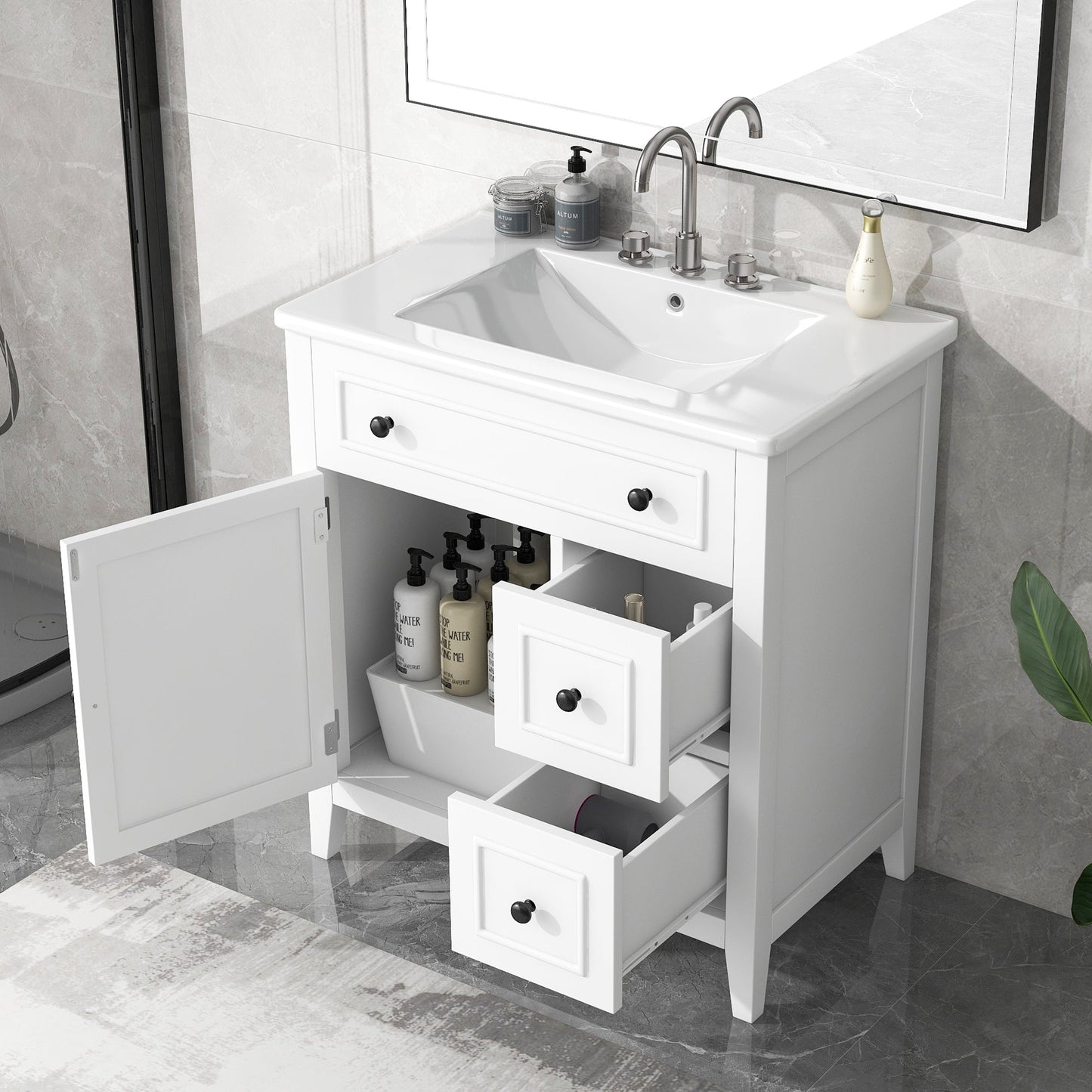 30" Bathroom Vanity with Sink Top, Bathroom Vanity Cabinet with Door and Two Drawers, Solid Wood Frame, One Package, White - Korvel
