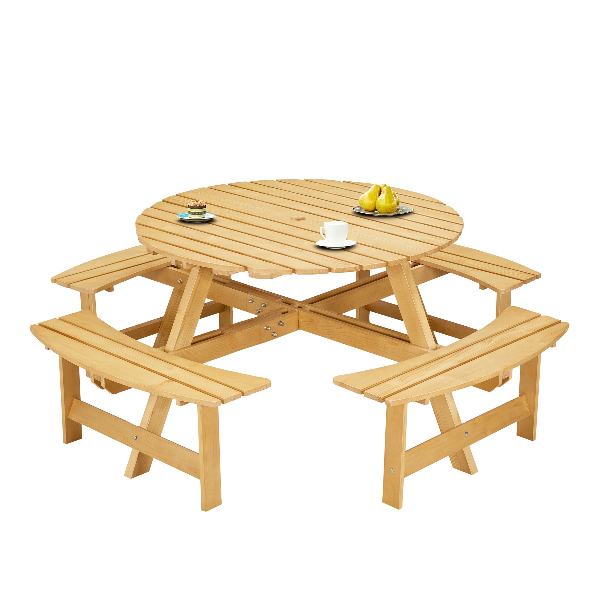 Outdoor picnic table for 8 people, circular picnic table for 8 people, with 4 embedded bench tables and bench sets - Korvel