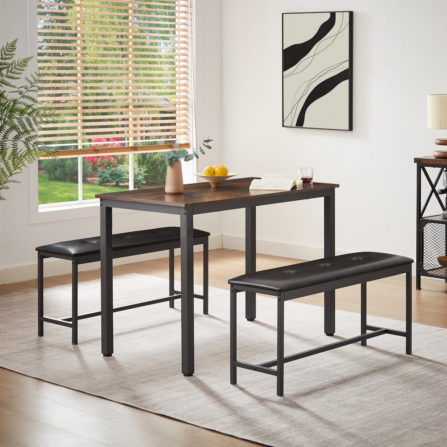 Dining Table Set Barstool Dining Table (with 2 PU Upholstered Benches) Industrial Style Dining Table and Chairs - Korvel