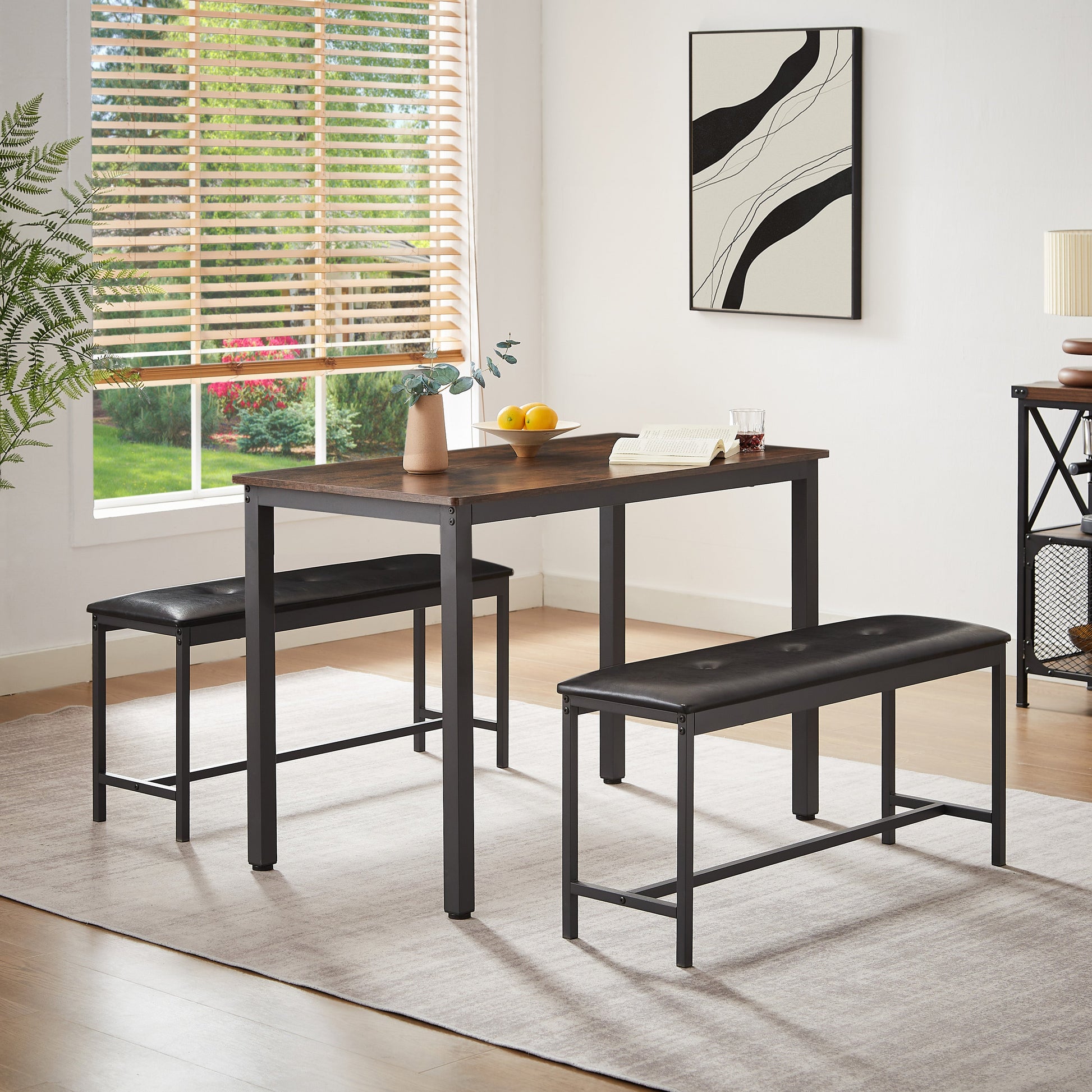 Dining Table Set Barstool Dining Table (with 2 PU Upholstered Benches) Industrial Style Dining Table and Chairs - Korvel