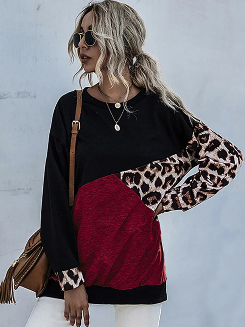Leopard Contrast Long Sleeve Sweatshirt - Korvel