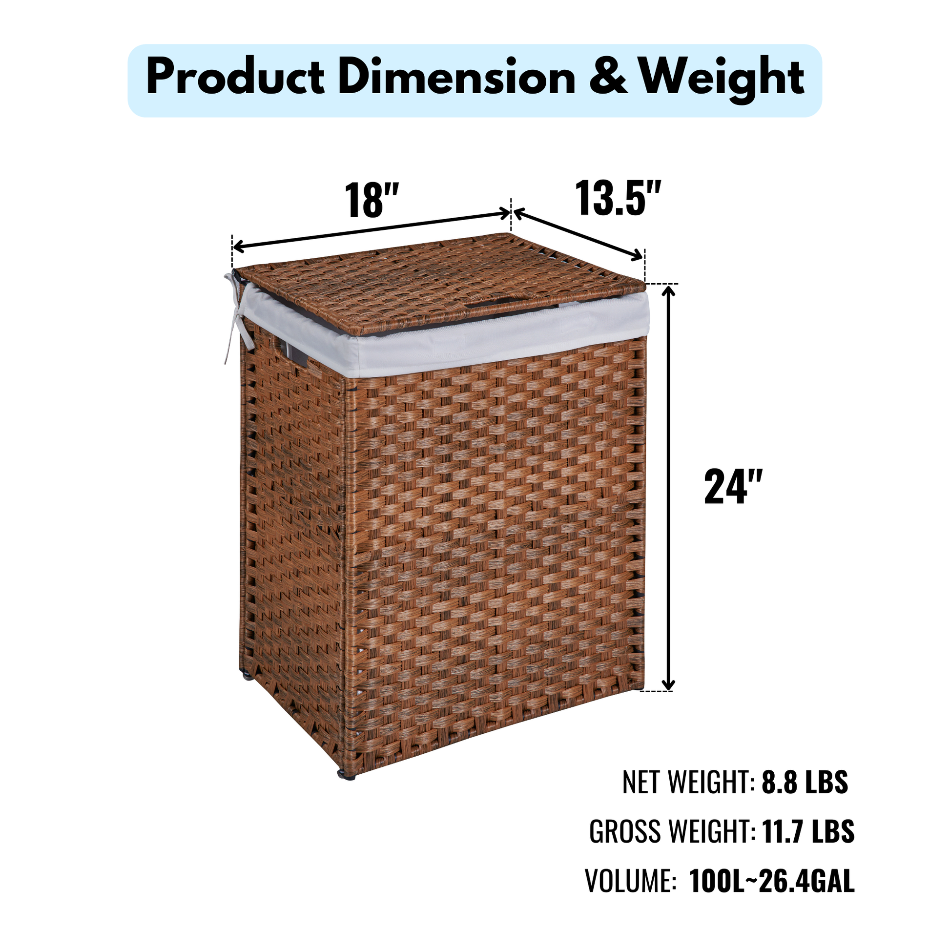 Laundry Hamper With Lid PE Rattan Powder Coating Frame Clothes Hampers with 02 Removable Bags, 100L, Brown Color - Korvel